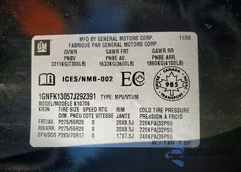 2007 Chevrolet Tahoe K1500 z USA, uszkodzony, nr VIN 1GNFK13057J292391